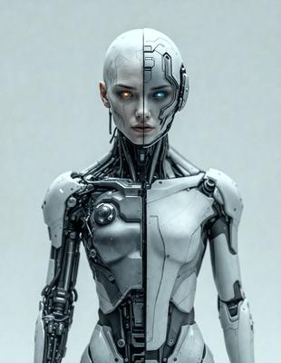 The primary subject of the image is a robotic woman with a split personality. She has a human face on one side and a robot face on the other. The setting is a white background, which provides a clean and minimalistic environment for the robotic woman. The visual style is a digital art, as it is a computer-generated image. The colors and mood of the image are predominantly white, giving it a clean and futuristic appearance.